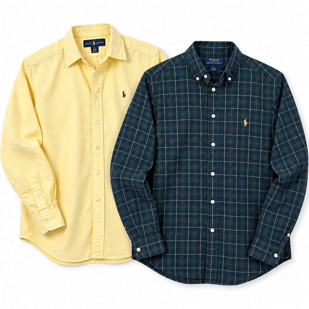LOT of 2 Polo Ralph Lauren Boys Button Down Shirts 14 XL Yellow & Green Plaid